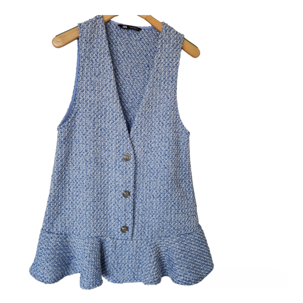 Zara Tweed Pinafore Dress Sky Blue Ruffled School Girly Preppy Academia Cottage